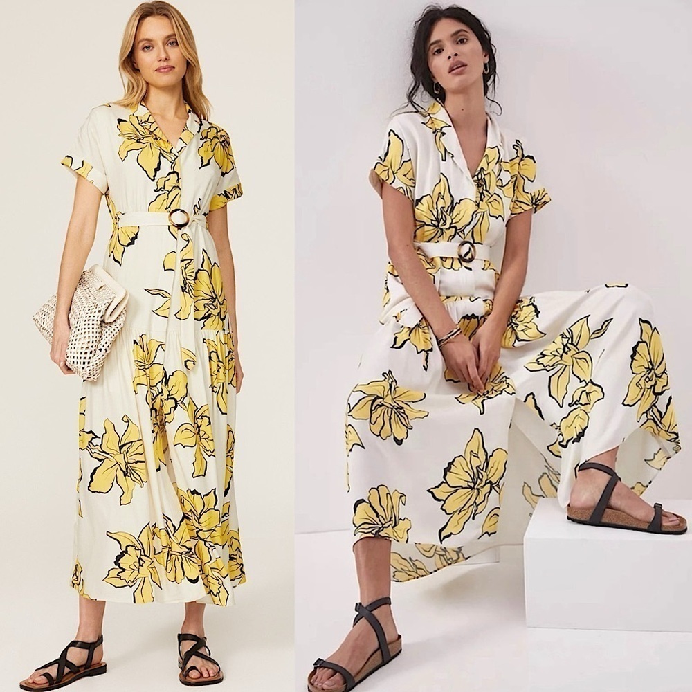 Anthro Slate & Willow Floral Short Sleeve Belted Tier Ruffle Maxi Shirt Dress Xs